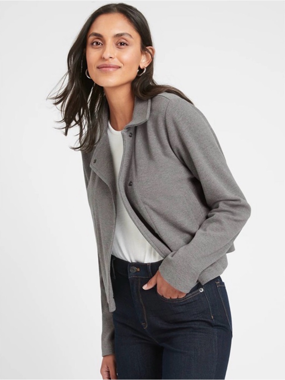 Banana Republic Knit Cropped Snap Button Biker Style Blazer Jacket Gray XS